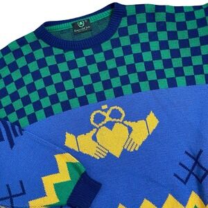 Vintage Emerald Isle Claddagh Sweater Mens XL Blue Green Checkered Knit Ireland